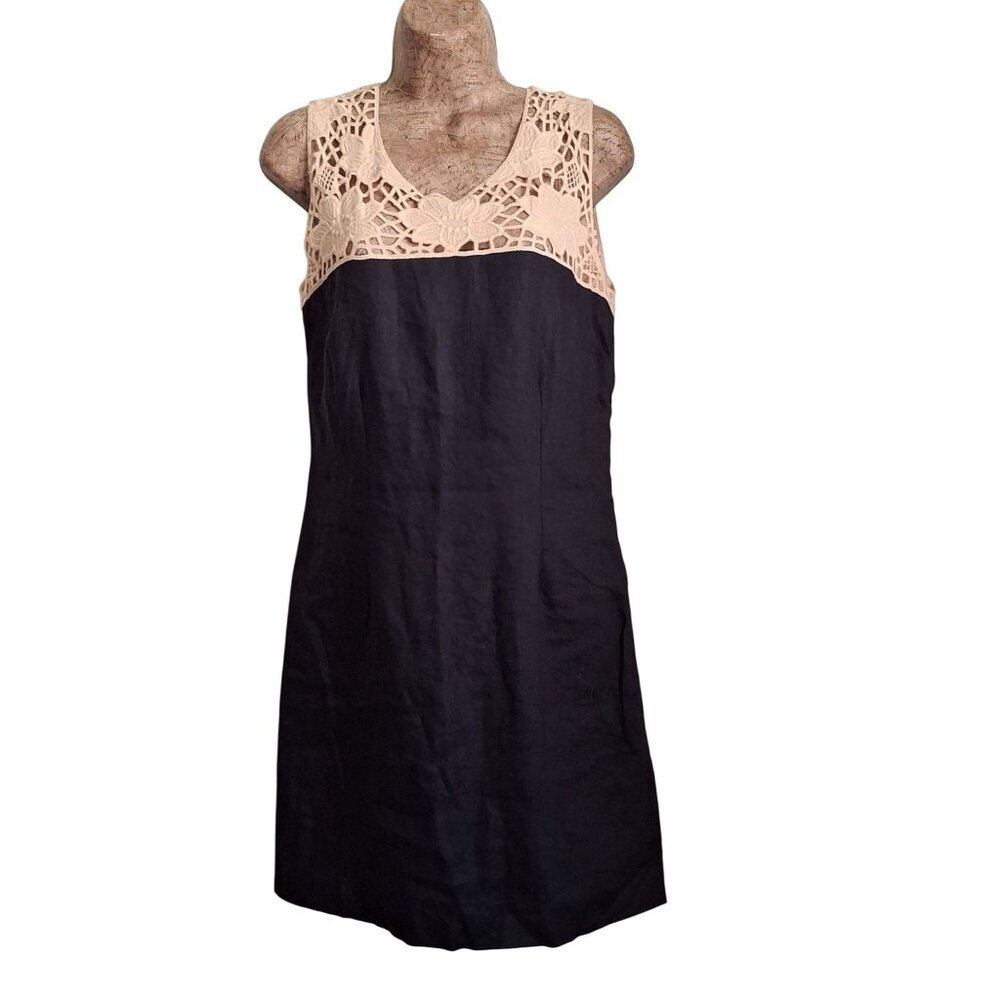 Black Linen Sleeveless Dress With Beige Crochet Floral Yoke & Side Zipper Closur